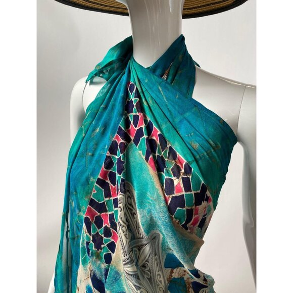 King Tut Exhibit  Silk Blend Scarf With Intricate Jewel-Inspired Motif & Turquoi - Picture 8 of 16
